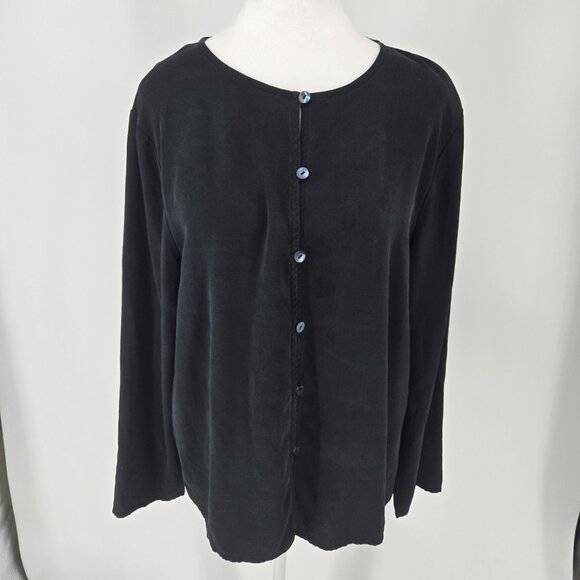 Eileen Fisher Black Silk Button Front Blouse Long Sleeve Women's Size Medium - Picture 2 of 8